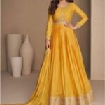 Yellow Chinon Digital Printed Silk Gown
