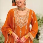 Orange Heavy Chinon Embroidered Palazzo Suit