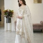 White Gmy Choo Silk Beads Work Palazzo Suit