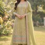 Pista Green Heavy Silk Embroidered Palazzo Suit