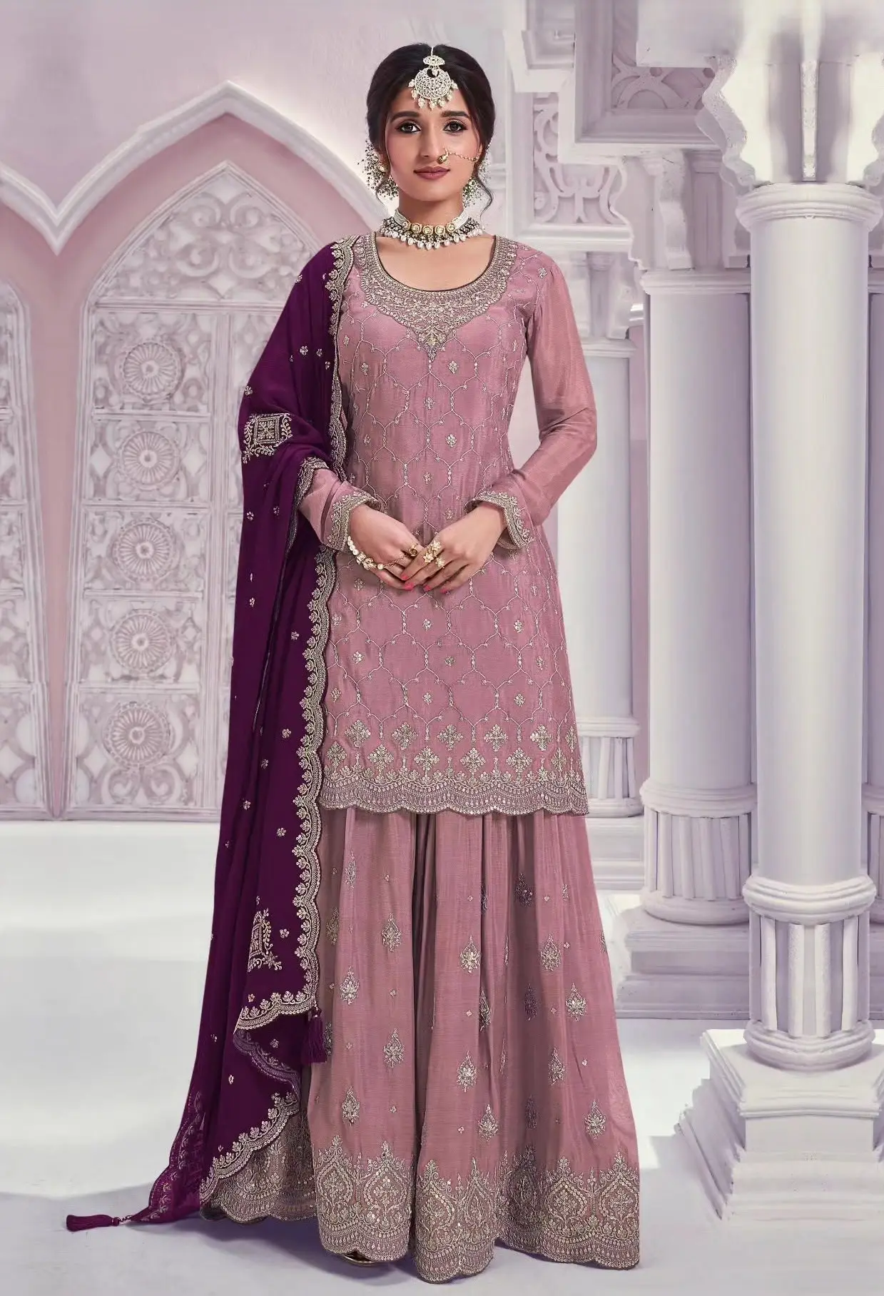 Pink Heavy Chinon Party Wear Suit Set