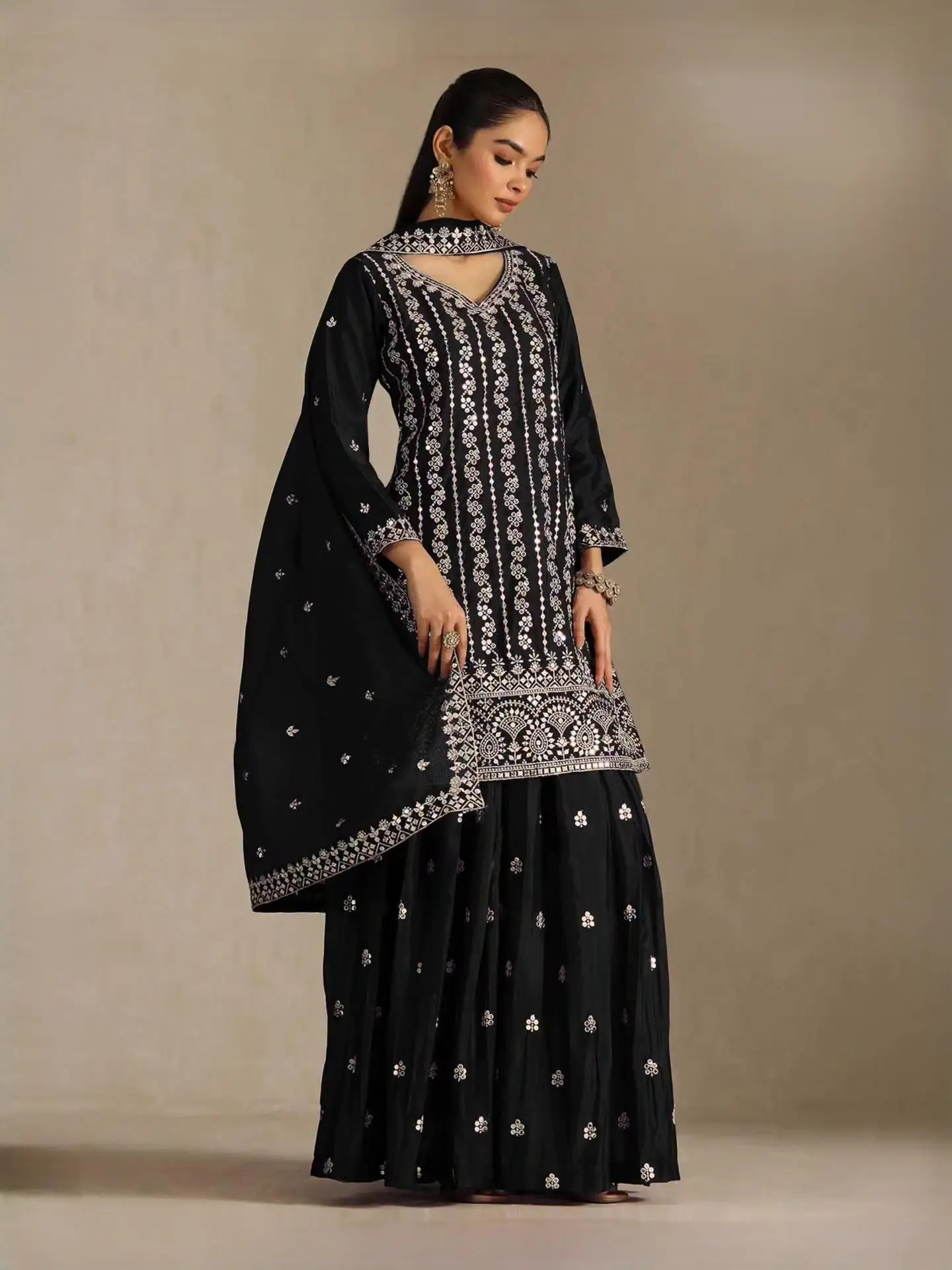 Black Heavy Chinon Designer Suit Set (7mm Sequin)